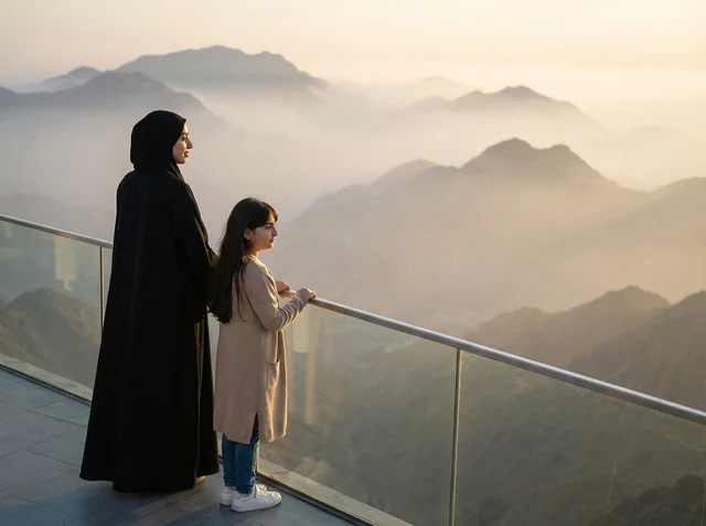 Emirati Mother and Daughter Viewing Misty Mountains