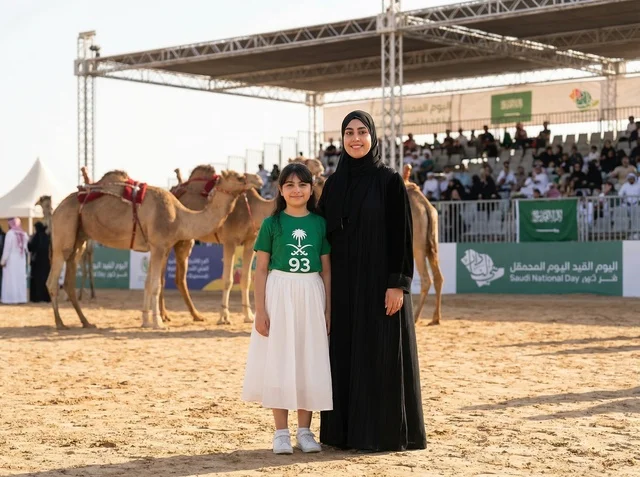 امرأة سعودية وطفلة تحتفلان باليوم الوطني مع الإبل