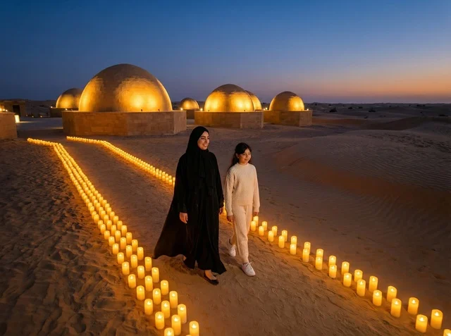 امرأة إماراتية وابنتها في منتجع صحراوي مضاء بالشموع