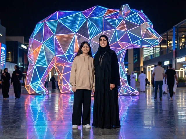 نساء سعوديات في سيتي ووك دبي أمام مجسم مضيء