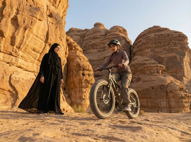 Saudi Woman and Girl Mountain Biking in AlUla Desert