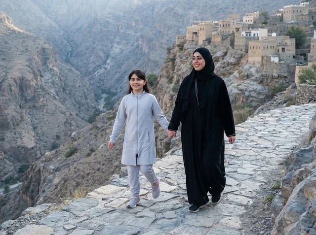 أم وابنة عمانية في جبل شمس بسلطنة عمان