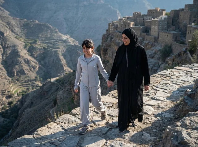 Saudi Woman and Girl Walking in Rijal Almaa Village