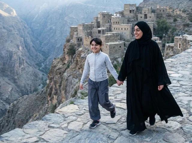 Omani Woman and Girl Walking in Wakan Village