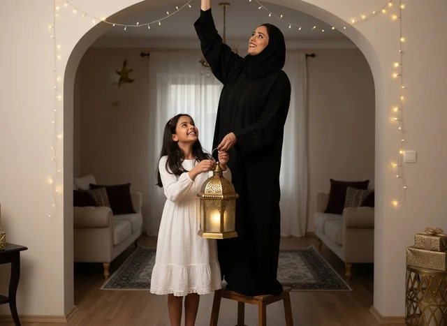 أم إماراتية وابنتها تزينان المنزل بفانوس رمضان