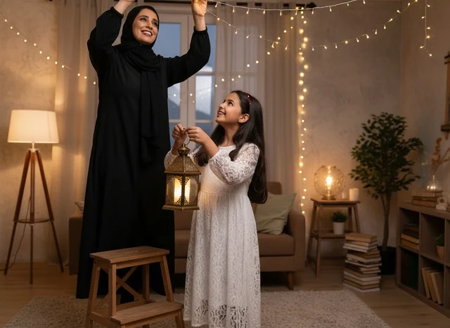 أم وابنة إماراتية تجهزان زينة رمضان في المنزل