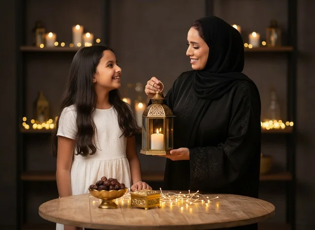 امرأة عربية وفتاة مع فانوس رمضان والتمر