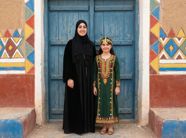 Saudi Woman and Girl in Traditional Heritage Clothing