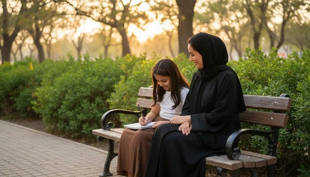 Emirati Mother and Daughter at Park during Golden Hour Emirati Mother and Daughter at Park during Golden Hour