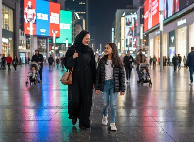 Emirati Mother and Daughter Walking in City at Night