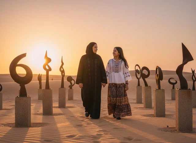 أم وابنتها بملابس إماراتية في معرض فني بالصحراء أم وابنتها بملابس إماراتية في معرض فني بالصحراء