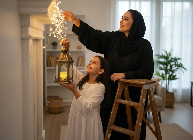 أم سعودية وابنتها تزينان المنزل بفانوس رمضان