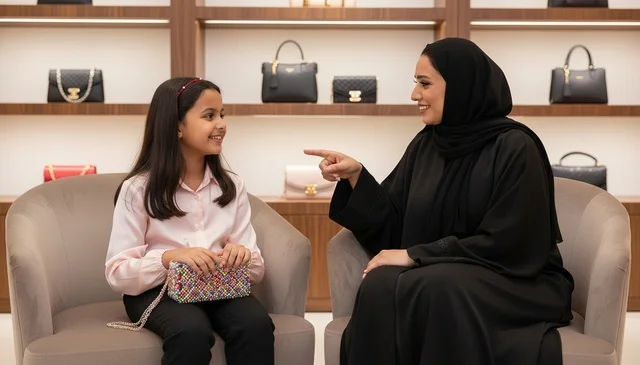 Saudi Mother and Daughter Shopping in Luxury Boutique Saudi Mother and Daughter Shopping in Luxury Boutique