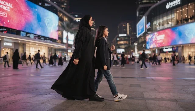 Emirati Mother and Daughter Walking in City Plaza at Night