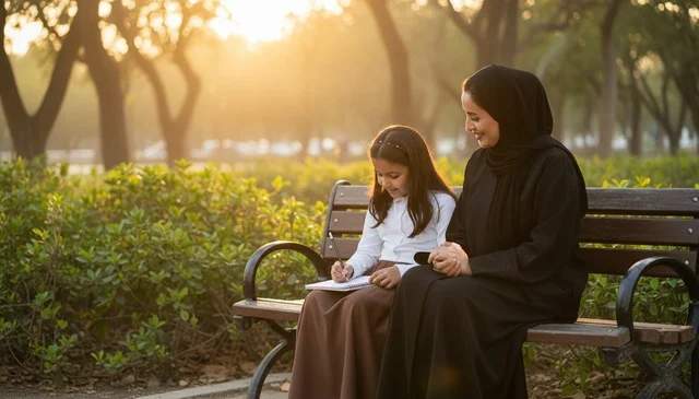 Emirati Mother and Daughter Writing in Park at Sunset