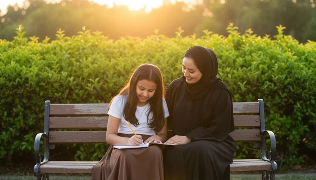 Arab Mother and Daughter Writing in Park at Sunset