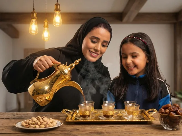 امرأة سعودية تصب القهوة العربية التقليدية