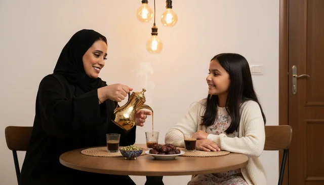 امرأة سعودية تصب القهوة العربية التقليدية