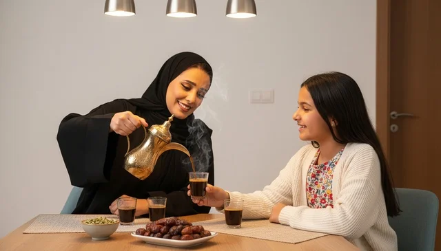 A Saudi woman pours traditional Arabic coffee.