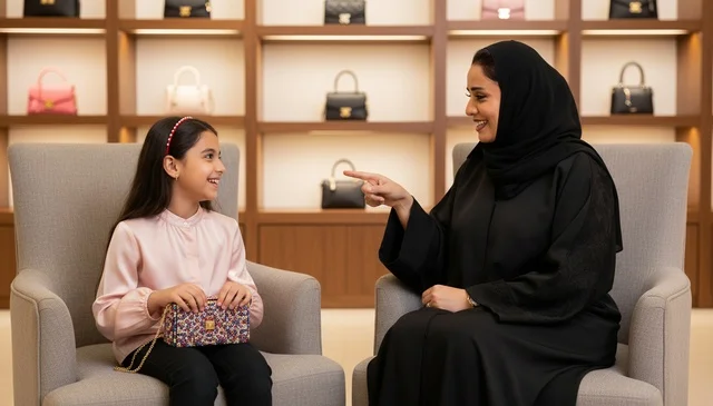 Saudi Woman and Girl Shopping in Luxury Handbag Boutique