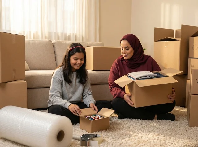 A Saudi family is packing cardboard boxes to move to a new house, and their mother.