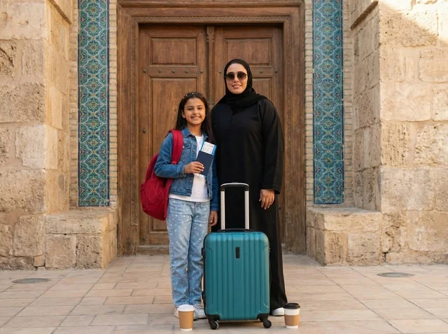 Emirati Mother and Daughter Traveling with Suitcase
