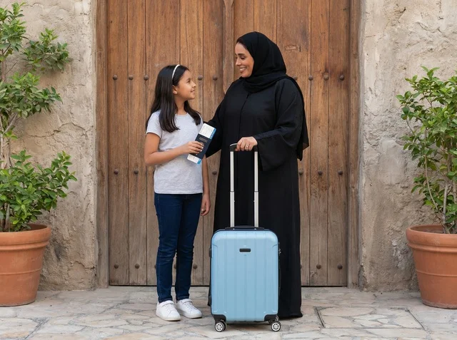 أم إماراتية وابنتها مع حقيبة سفر وجواز سفر