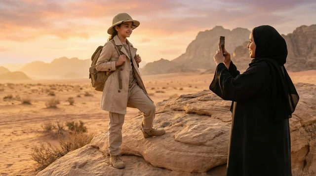 Arab Woman Photographing Girl in Desert Sunset