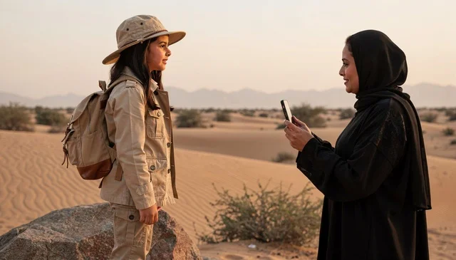 امرأة سعودية تصور طفلة بزي المستكشف في الصحراء