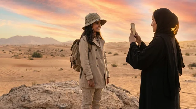 A Saudi woman photographs a girl in explorer attire in the desert.