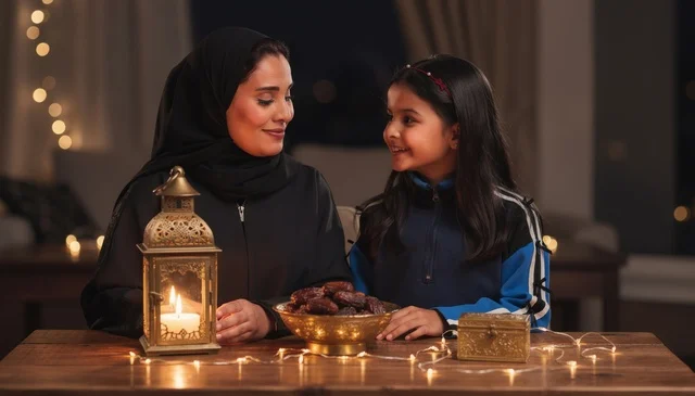 Saudi Mother and Daughter with Ramadan Lantern and Dates