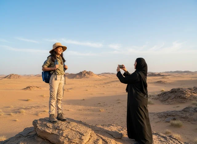 أم سعودية تصور ابنتها بملابس المشي في الصحراء