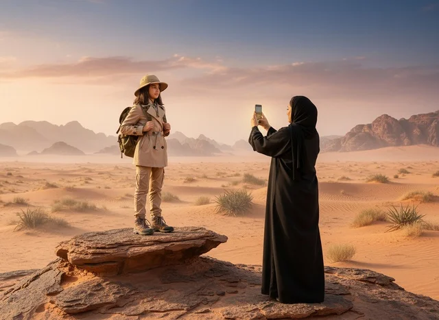 امرأة عربية تصور طفلة بملابس السفاري في الصحراء