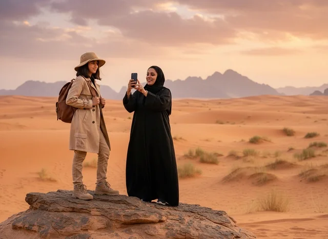 Saudi Woman and Tourist in Desert at Sunset Saudi Woman and Tourist in Desert at Sunset