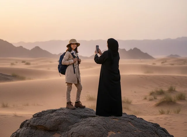 امرأة سعودية تصور سائحة في الصحراء وقت الغروب