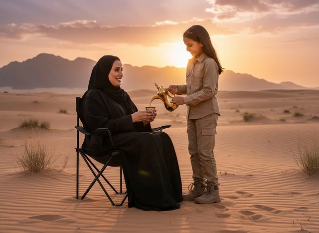 Saudi Girl Pouring Arabic Coffee in Desert at Sunset