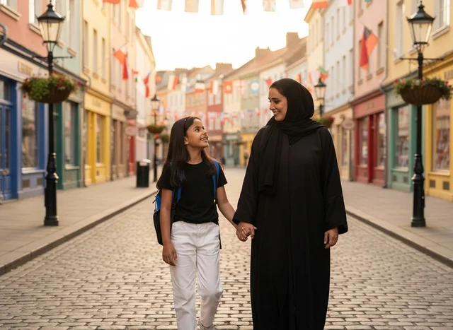 Emirati Mother and Daughter Walking on European Street