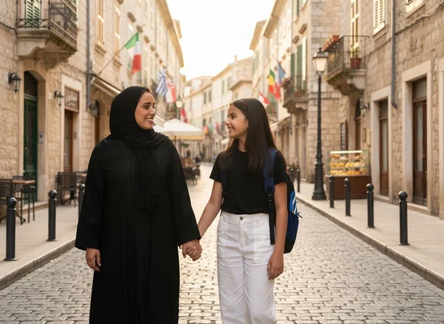 A mother and her Emirati daughter are walking in a European street.