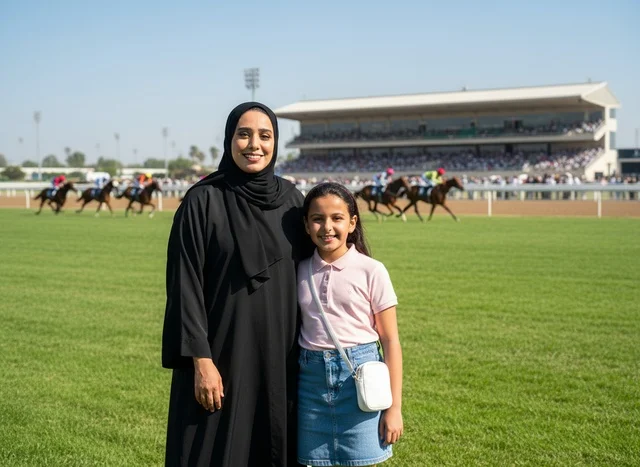 أم وابنتها إماراتيات في مضمار سباق الخيل أم وابنتها إماراتيات في مضمار سباق الخيل