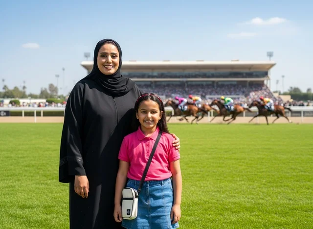 Emirati Woman and Child at Horse Racing Stadium
