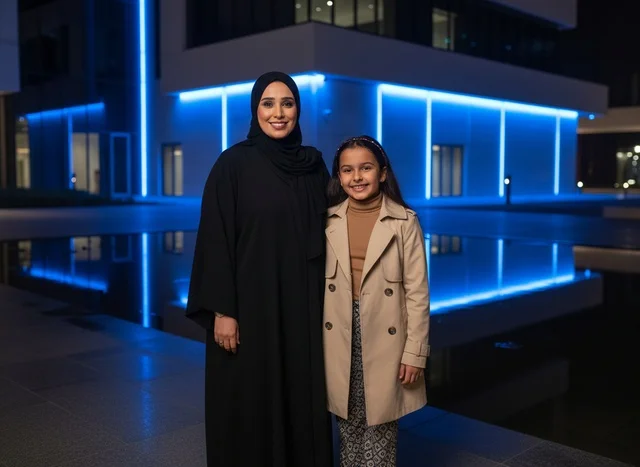 Emirati Mother and Daughter at Night with Blue Lighting
