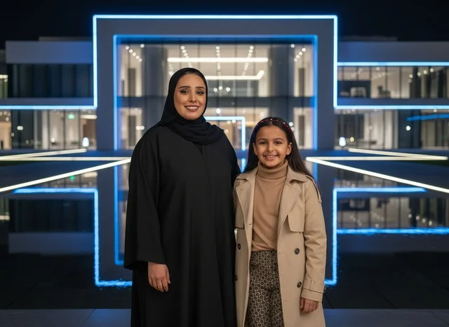 An Emirati mother with her daughter at night in front of modern blue lighting.