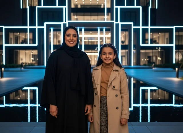 Emirati Woman and Girl at Modern Neon Building Night