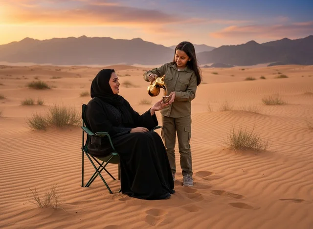 Saudi Woman and Girl Drinking Arabic Coffee in Desert