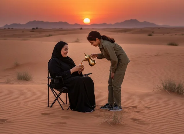 Emirati Mother and Daughter Coffee in Desert at Sunset
