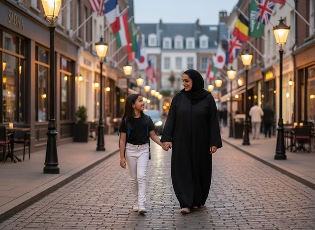 Saudi Mother and Daughter Walking in European Street