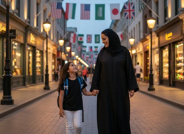 Saudi Woman in Abaya with Girl on European Street