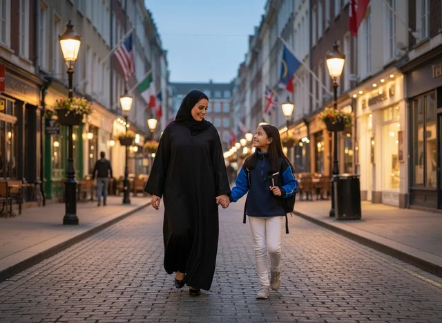 امرأة عربية وفتاة تمشيان في شارع أوروبي ليلاً