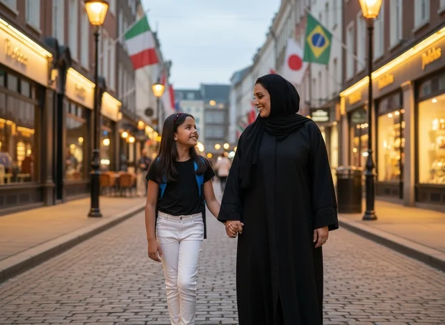 أم إماراتية وابنتها تسيران في شارع أوروبي