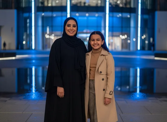 A mother and Emirati daughter in front of a modern building at night.